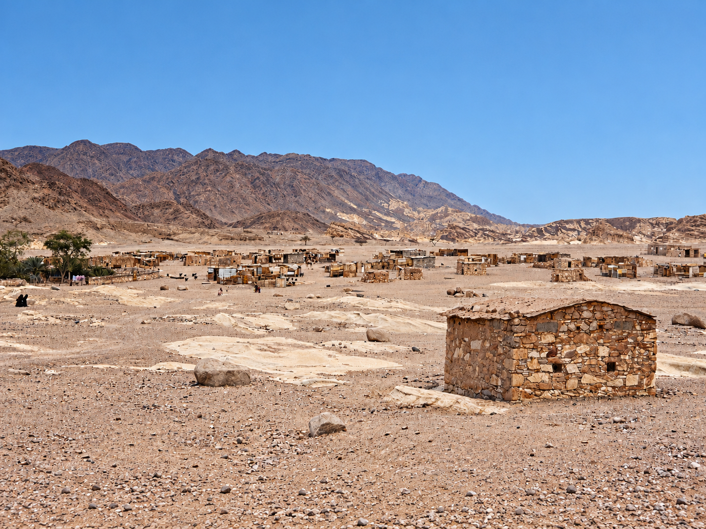 A stone hut in the foreground of the Tarabin Bedouin village in Sinai, with scattered shelters across the desert floor and rugged mountains behind, 1981